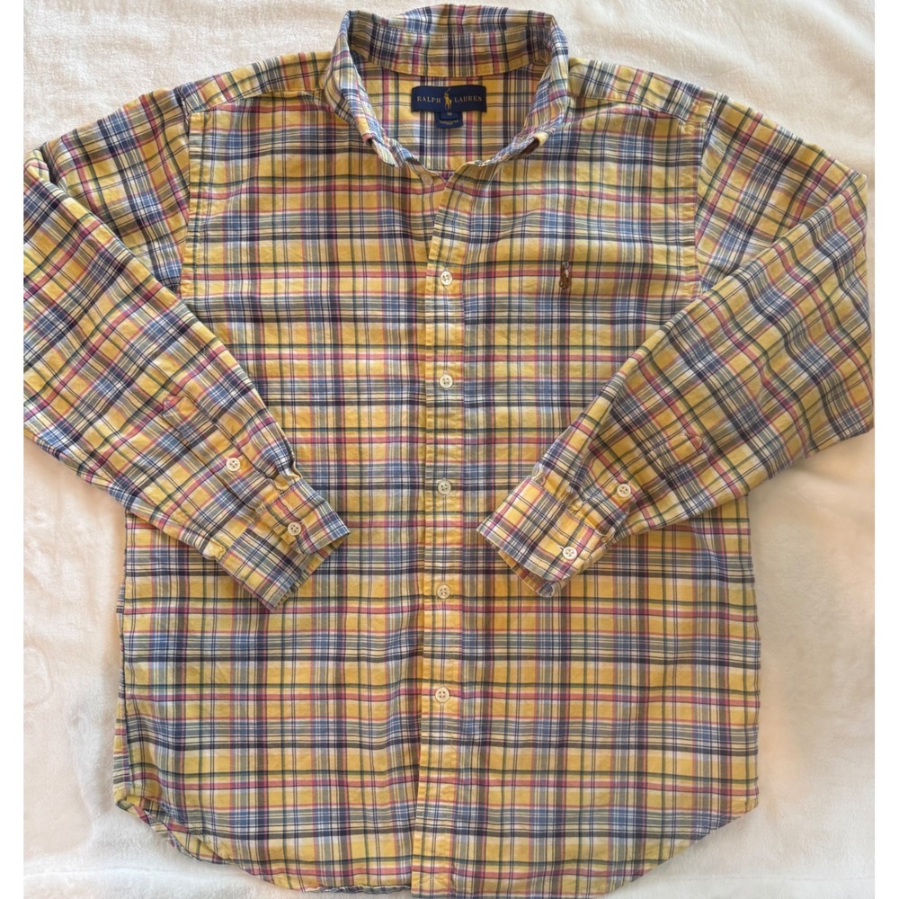 Ralph Lauren Boys Yellow Blue Pink Plaid Button Down Shirt Size 18 Long Sleeve